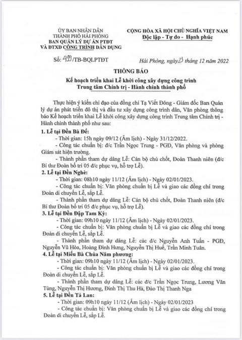 Thông báo về việc triển khai Lễ khởi công xây dựng Trung tâm Chính trị - Hành chính thành phố Hải Phòng